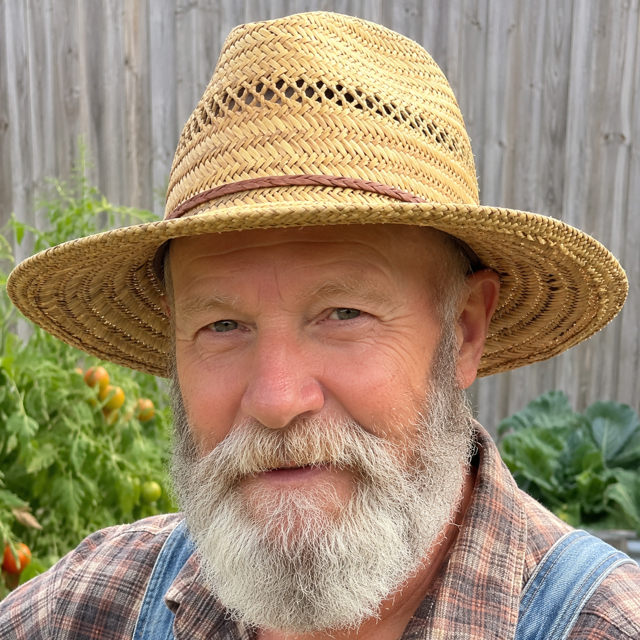 Matthew in his garden wearing a straw hat