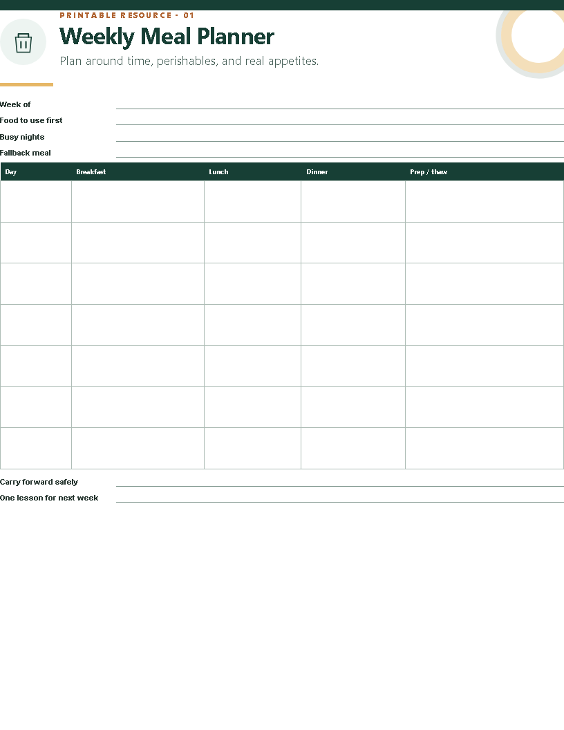 Weekly meal planner page from the manual
